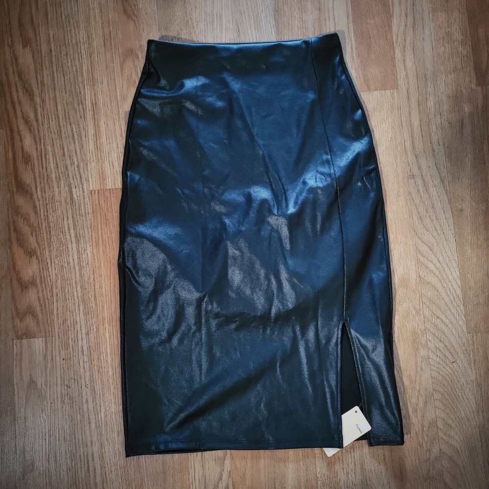 Popilush Faux Leather Midi Skirt Black Built-In Shapewear Slit Pencil Medium NWT